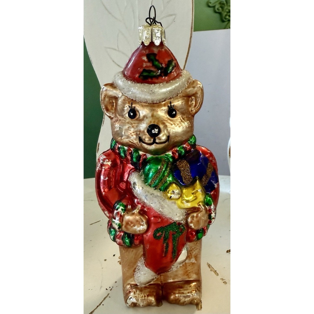 VTG Santa's Best‎ Cubby Bears  Blown Glass Christmas Ornament Heavy Glass Large